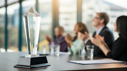 A crystal trophy sits on a conference table as a group of people applauds in a modern office setting.