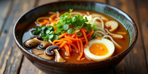Bowl of broth with noodles, carrots, egg, and herbs on wooden table