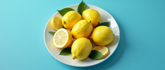 Yellow lemons arranged on a white plate with green leaves as garnish on a blue background
