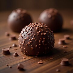 Three chocolate truffles with almonds on a wooden table