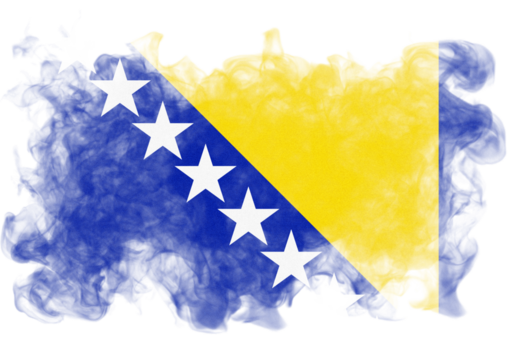 Grunge-textured flag of Bosnia and Herzegovina featuring a blue field with white stars and a yellow triangle against a dark, - Powered by Adobe