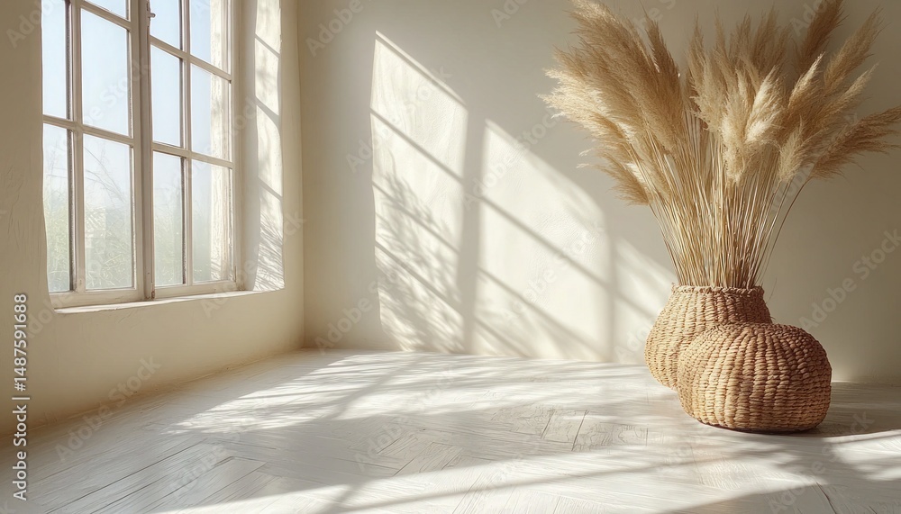 Poster sunlight streams into a beige room with pampas grass in wicker baskets. a minimal backdrop ideal for