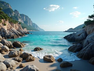 A serene beach nestled between rocky cliffs with turquoise waters and a mountainous backdrop