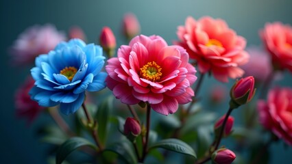 Colorful flower bouquet in closeup, with blue, pink, and red flowers against a dark background