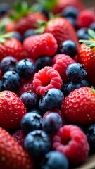 A closeup of fresh strawberries, raspberries, blueberries, and red currants in a bowl