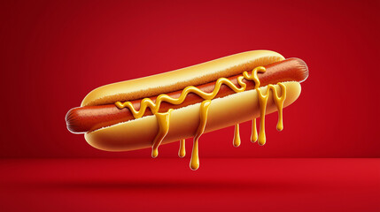 Flying Hot Dog with Mustard on Red Background
