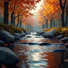 Bright orange leaves on trees lining a river with rocks in the water