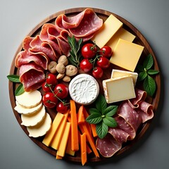 Delicious variety of cheese and meats on wooden platter