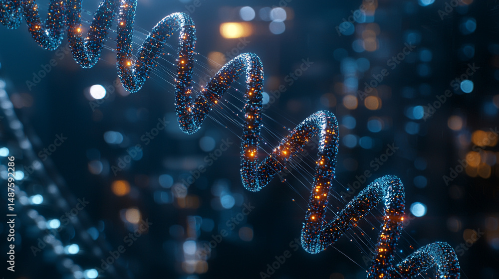 Poster detailed rendering of a dna strand with glowing elements against a blurred background of lights
