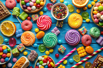Fototapeta premium Sweet foods and candies on a blue surface creating a colorful festive and sugary dessert display