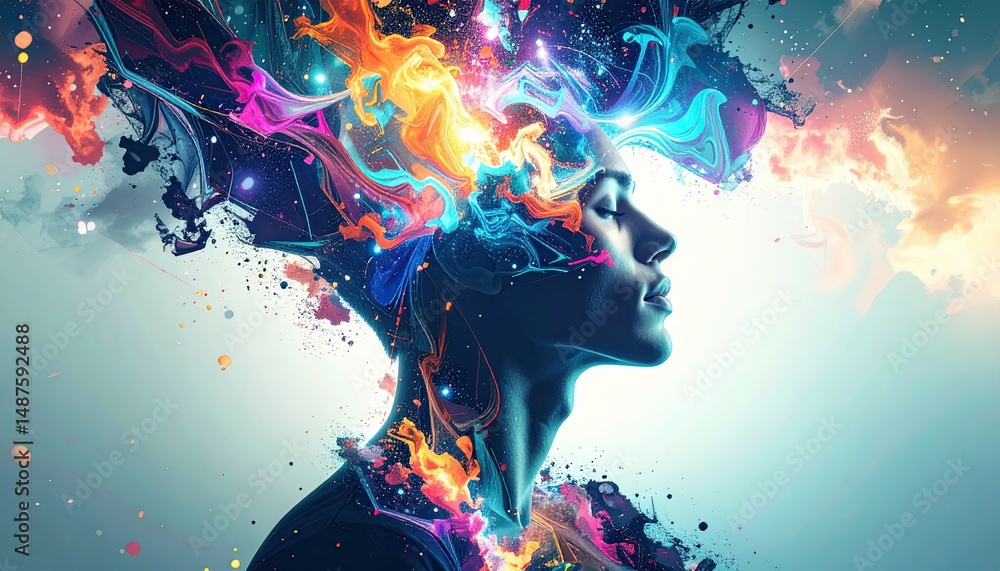 Poster abstract representation of creativity with vibrant colors and dynamic shapes emanating from a profil