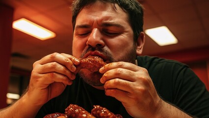 Overweight man sitting at a fast food restaurant, savoring hot chicken wings with eyes closed, fully immersed in the pleasure of a messy, indulgent meal