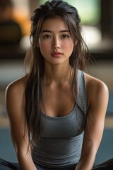 Fototapeta premium Young Asian woman doing yoga on exercise mat.