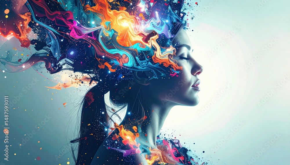 Poster surreal representation of human mind with colorful swirls and vibrant patterns emanating from a woma