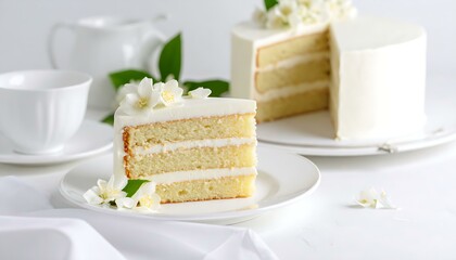 Elegant ThreeLayer Jasmine Cake Slice, White Frosting, Tea Party