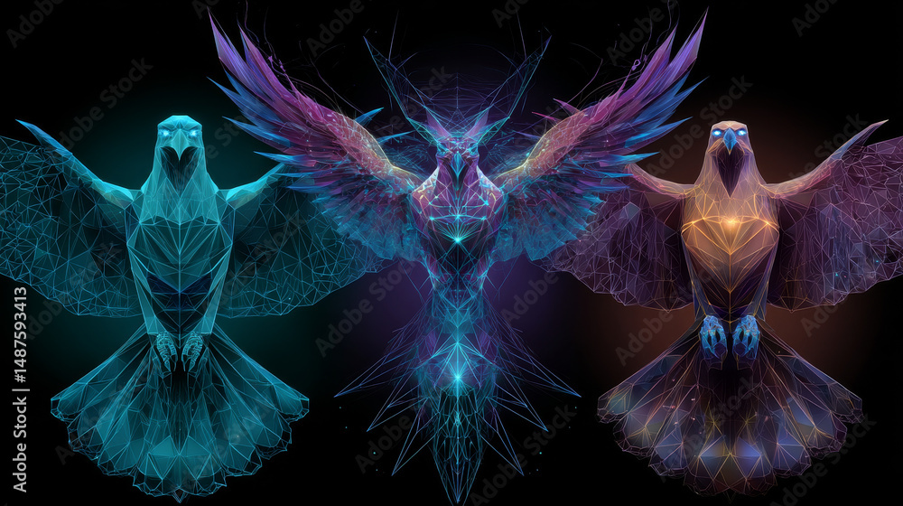 Poster phoenix bird in polygon vector set. flying phoenix abstract triangle logo. collection of flying phoe