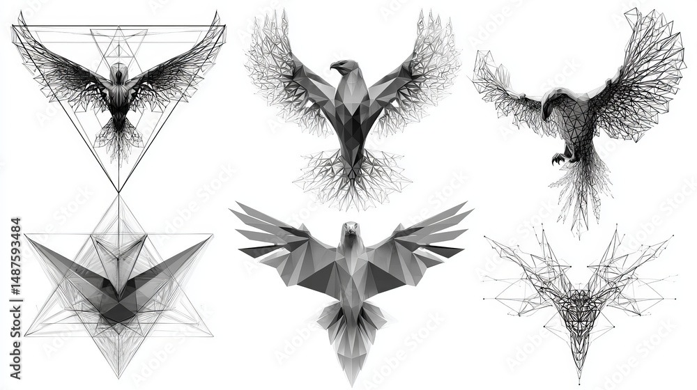 Poster phoenix bird in polygon vector set. flying phoenix abstract triangle logo. collection of flying phoe