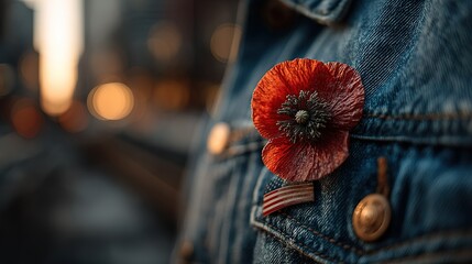 A red poppy on denim honors Memorial Day, with a flag softly behind, bathed in golden light. Remembrance and patriotism in a simple symbol.
