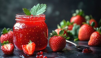 A jar of strawberry jam with fresh berries and spoon on dark background. It is ideal for blog posts about food, recipes, and healthy eating.