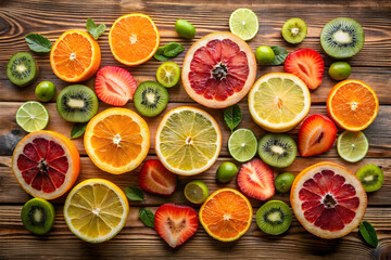 Sliced fruits on wooden table arranged in a colorful and fresh tropical display for healthy snacking