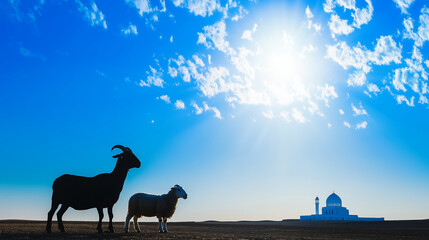 Fototapeta premium Goat and lamb silhouetted in desert under bright blue sky with distant mosque in bold symbolic Eid scene