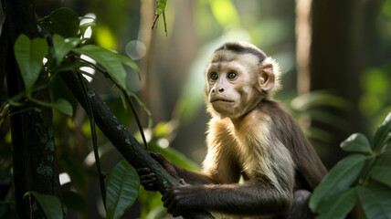 Curious monkey staring from the jungle forest with lush greenery