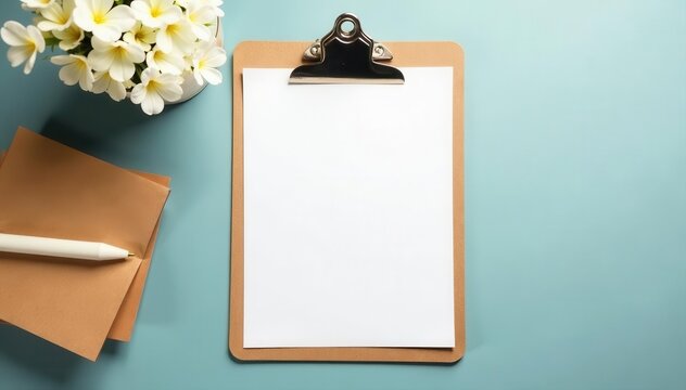 Brown clipboard with blank white paper mockup, top view, report, brown