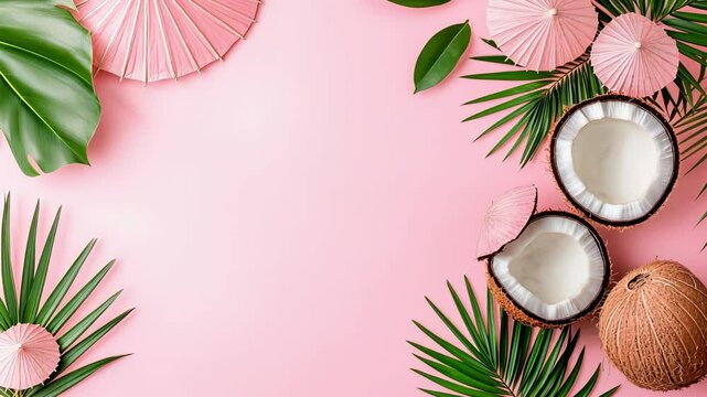 Tropical coconut and pink parasol pattern on soft pink background