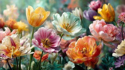 Fototapeta premium Vibrant garden filled with blooming tulips and assorted flowers in springtime sunlight