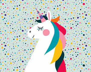 Colorful Unicorn with Rainbow Mane Vector Illustration for Magical Fantasy Themes in Polka Dot Background for Kids Decor