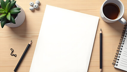 Blank paper sheet with pencil, coffee, and notebook on wooden desk