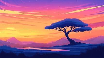 A dreamy landscape with one tree silhouetted by soft orange and violet sunset sky