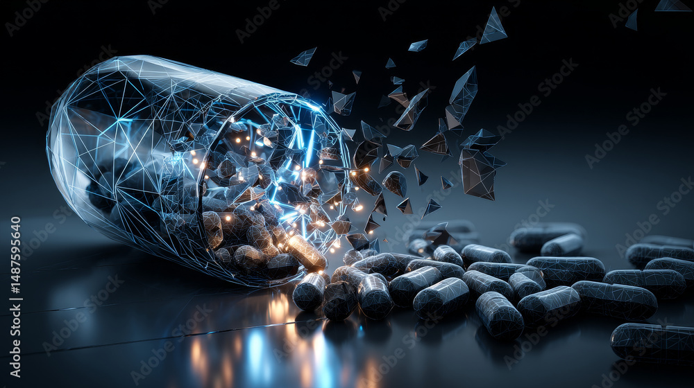 Aufkleber 3d digital capsule breaking open with glowing wireframe pills on a dark tech background