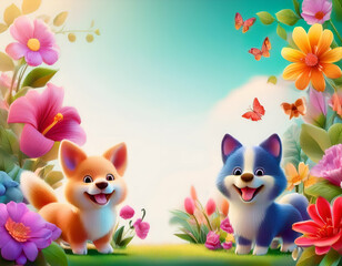 Two cheerful cartoon puppies surrounded by vibrant flowers and butterflies.