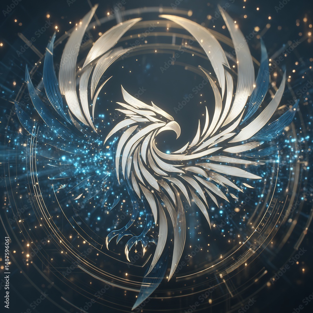 Poster elegant phoenix rendering with luminous effects against a serene backdrop