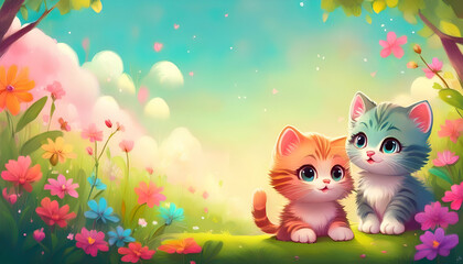 Fototapeta premium Two cute kittens sit amidst colorful flowers in a serene, vibrant landscape.