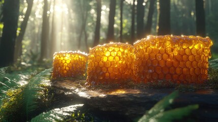Honeycomb drips golden honey on a mossy log in a sunlit forest. Use this image for health, nature, or sweetness themed projects.