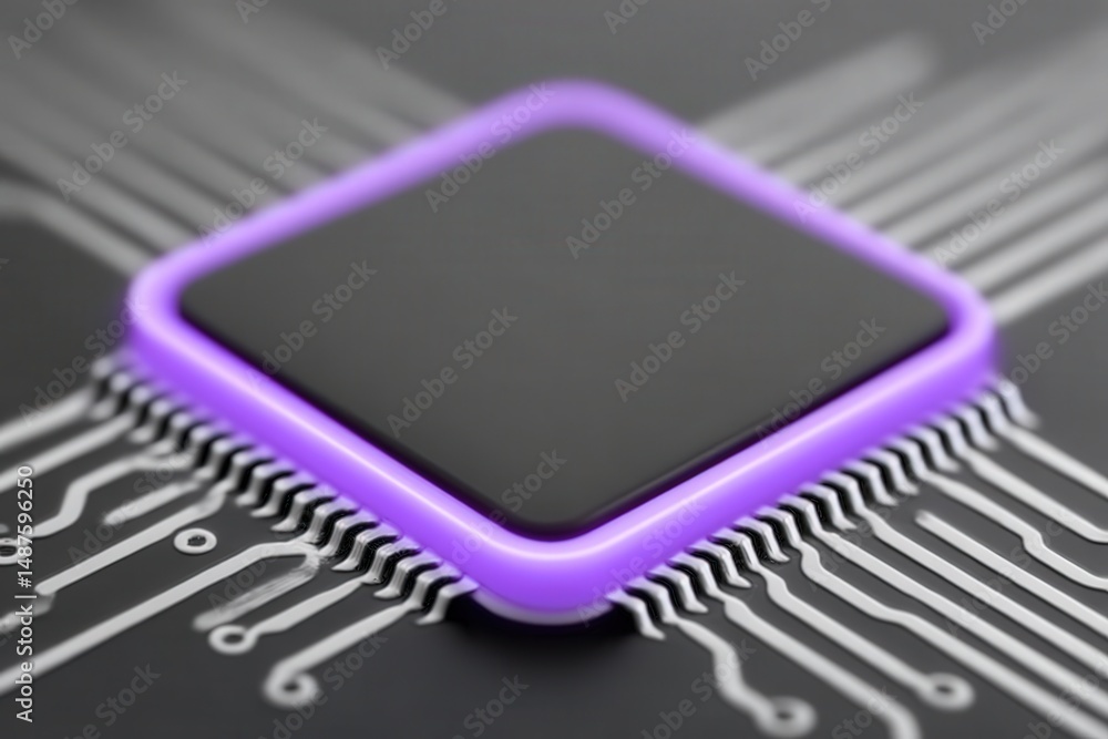Poster close-up view of a purple bordered microchip on a circuit board illustrating advanced technology and