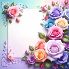 A decorative floral frame featuring various roses in soft pastel colors.