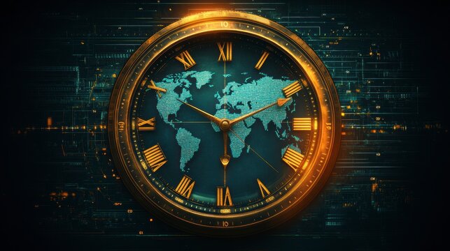 Clock face featuring world map, intricate circuits surround, against dark backdrop - Powered by Adobe