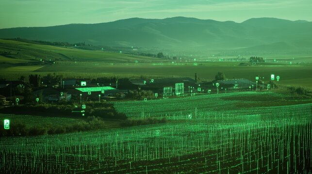 Digital map overlay on farmland showing sensor points and data transmission