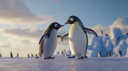 Obraz premium Emperor penguins interacting and grooming each other on a smooth icy plain