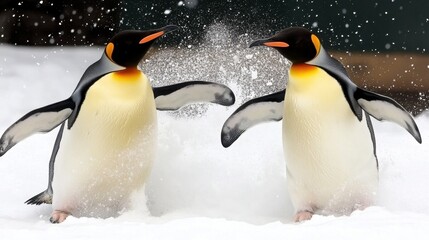 Fototapeta premium Emperor penguins spreading out over a snowfield, showing natural behavior and space