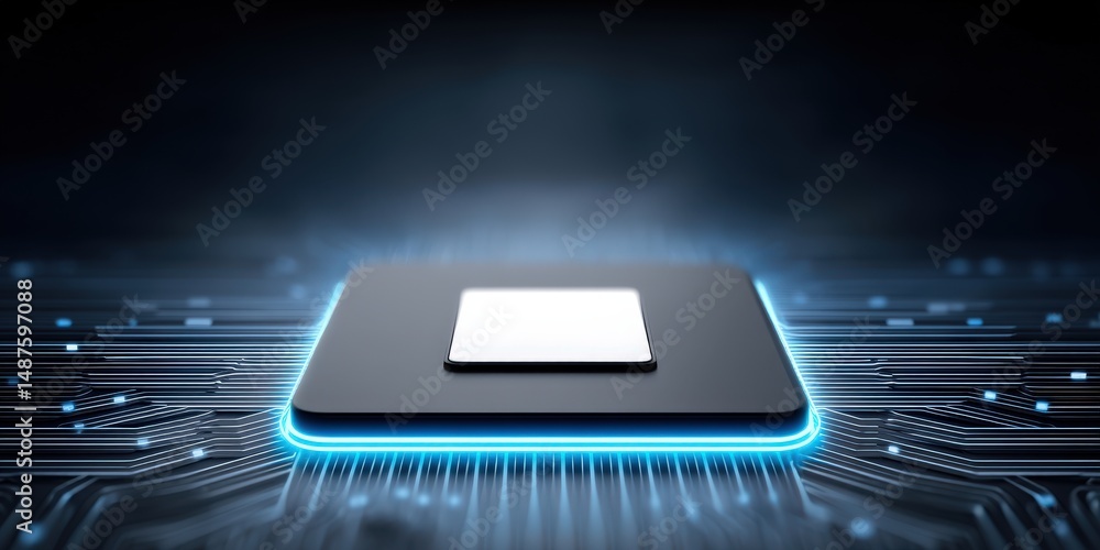 Poster modern microchip design with glowing circuitry highlighting the intricacies of technology, digital i