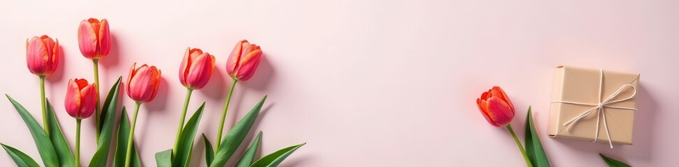 Realistic envelope, gift box, tulips, hand-drawn flowers, Mother's Day , tulips, illustration