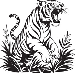 Roaring Tiger Silhouette in Jungle Clearing – Black and White Line Art Vector