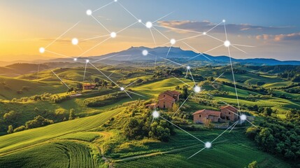 Farm fields overlaid with digital network connections reaching remote houses