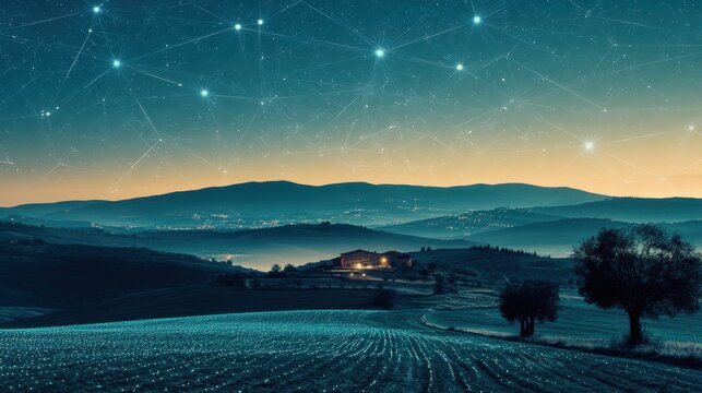 Farm fields overlaid with digital network connections reaching remote houses