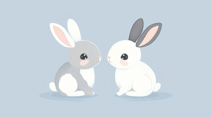 Obraz premium Adorable White & Gray Bunny Pair Cartoon Illustration on Pastel Background