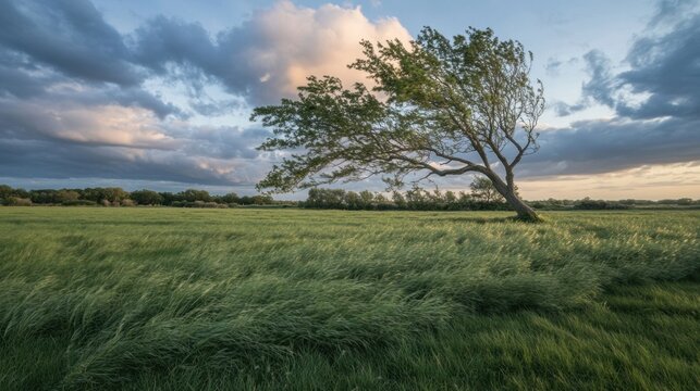 Gentle wind over green grass with lone tree bending slightly at golden hour